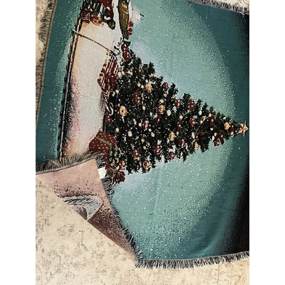 Christmas Tree Tapestry Throw Blanket Holiday Train Blue Green 58